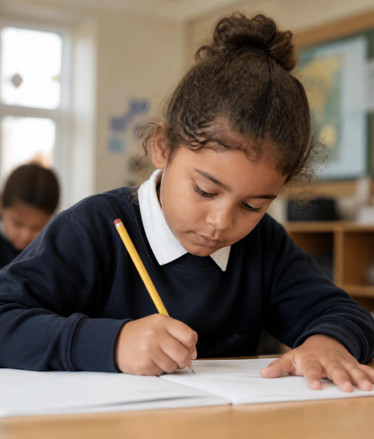 A primary-aged child concentrating on schoolwork with a supportive adult beside them