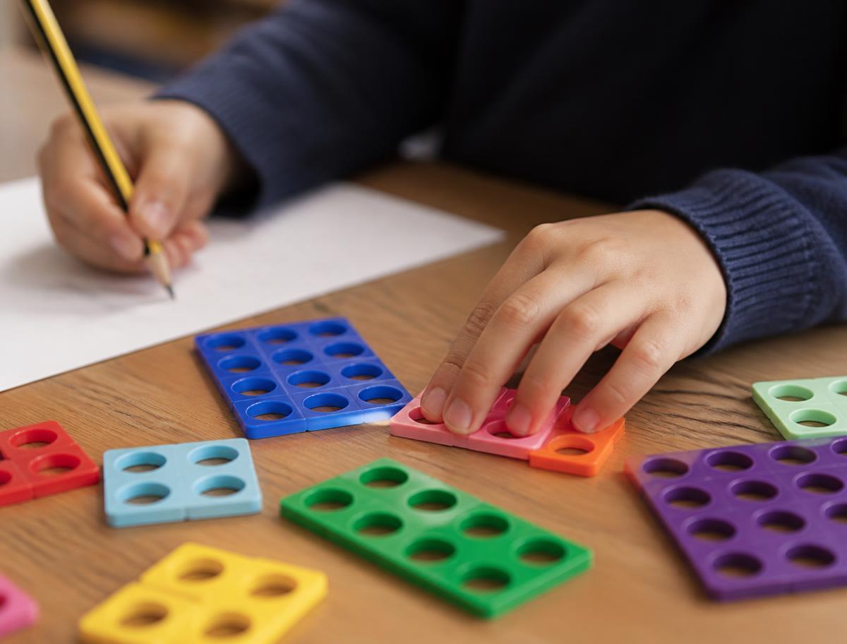 Children working on a practical maths activity with counters